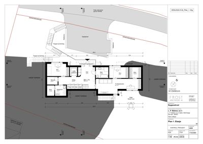 Etasjeplan (1. etasje) for en bolig, som viser romfordeling, vegger og dimensjoner.