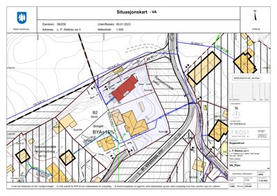 Situasjonskart som viser eiendomsforhold, tomtedeling og bygningers plassering i forhold til veier og nabotomter.