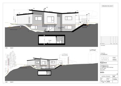 Snittegning (Snitt D) som viser bygningens tverrsnitt, høyder, grunnforhold og inngangsnivå.