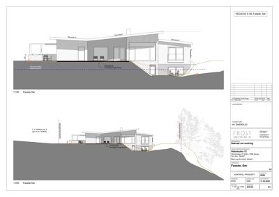 Fasadetegning (opprikk) av bygningen sett fra sør, med to ulike målestokker (1:100 og 1:200).