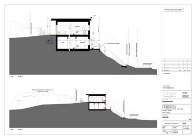 Snittegning (Snitt A) som viser bygningens tverrsnitt, høyder og forhold til terreng.
