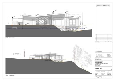 Fasadetegning (opprikk) av en bygning sett fra sør, med høydemål og terrengforhold.