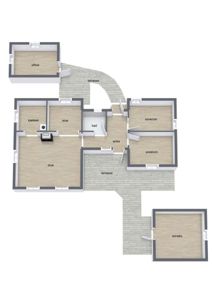 Etasjeplan som viser romfordeling, vegger, dører og terrasser for en bolig.