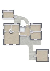 Etasjeplan som viser romfordeling, vegger, dører og terrasser for en bolig.