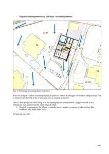 Situasjonsplan som viser dagens og fremtidige avrenningslinjer på tomten, med markeringer for vannløp og bygninger.