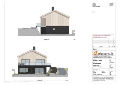 Fasadetegning som viser bygningens utseende fra nord og sør, inkludert materialvalg og detaljer.