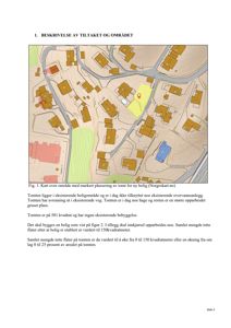 Kart over et boligområde med markert plassering av en ny tomte (gult område) og eksisterende bebyggelse.