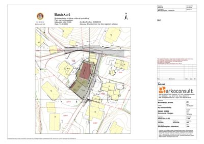 Situasjonsplan (basiskart) som viser tomtens beliggenhet, nabolag, veier og topografi.