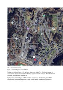 Oversiktskart (flyfoto) som viser eiendommen (rødt) i forhold til nærliggende service, som Rema 1000, kjøpesenter, bibliotek, tannlege og kollektivtilbud.