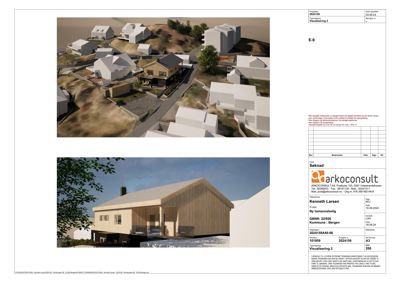 3D-visualisering av et boligprosjekt med både et overblikk over hele området og en detaljert fasadevisning.
