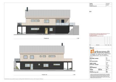 Tegning som viser fasadeutforming for et hus sett fra øst og vest.
