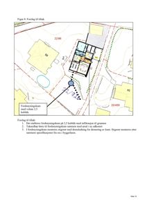 Situasjonsplan som viser tomtens grenser, eksisterende og nye bygninger, samt et forslag til plassering av fordømningskum.