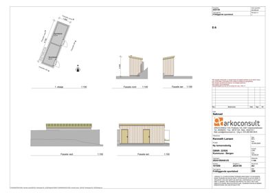 Fasadetegninger for en frittliggende sportsbod, inkludert oppriss og detaljer.