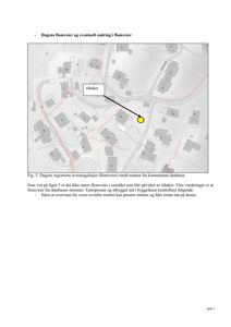 Kart som viser dagens flomveier (aveningslinjer) i området rundt tomta, med markering av tiltaket.