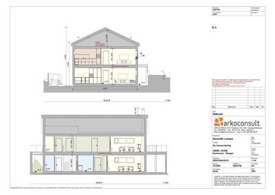 Tegning som viser tverrsnitt (Snitt A og Snitt B) av en bolig, med romfordeling, høyder og konstruksjonsdetaljer.