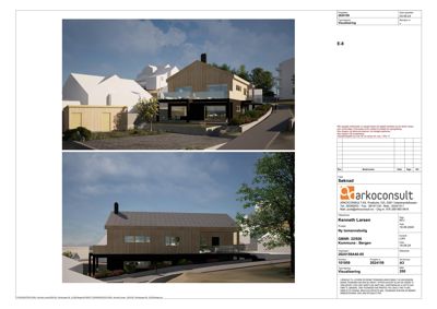 3D-visualisering av en tomannsbolig sett fra to ulike vinkler (fra gaten og fra siden).