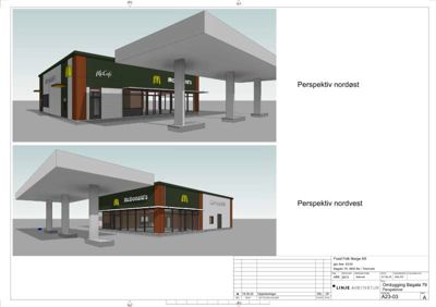 3D-perspektivtegninger (rendering) av en planlagt McDonald's-restaurant med tilhørende bensinstasjon.