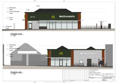Tegning som viser fasadeoppsett for McDonald's-restauranten sett fra nord og vest.