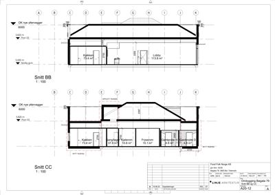 Snittegning (Snitt BB og Snitt CC) som viser bygningens indre oppbygning, høyder og romfordeling.