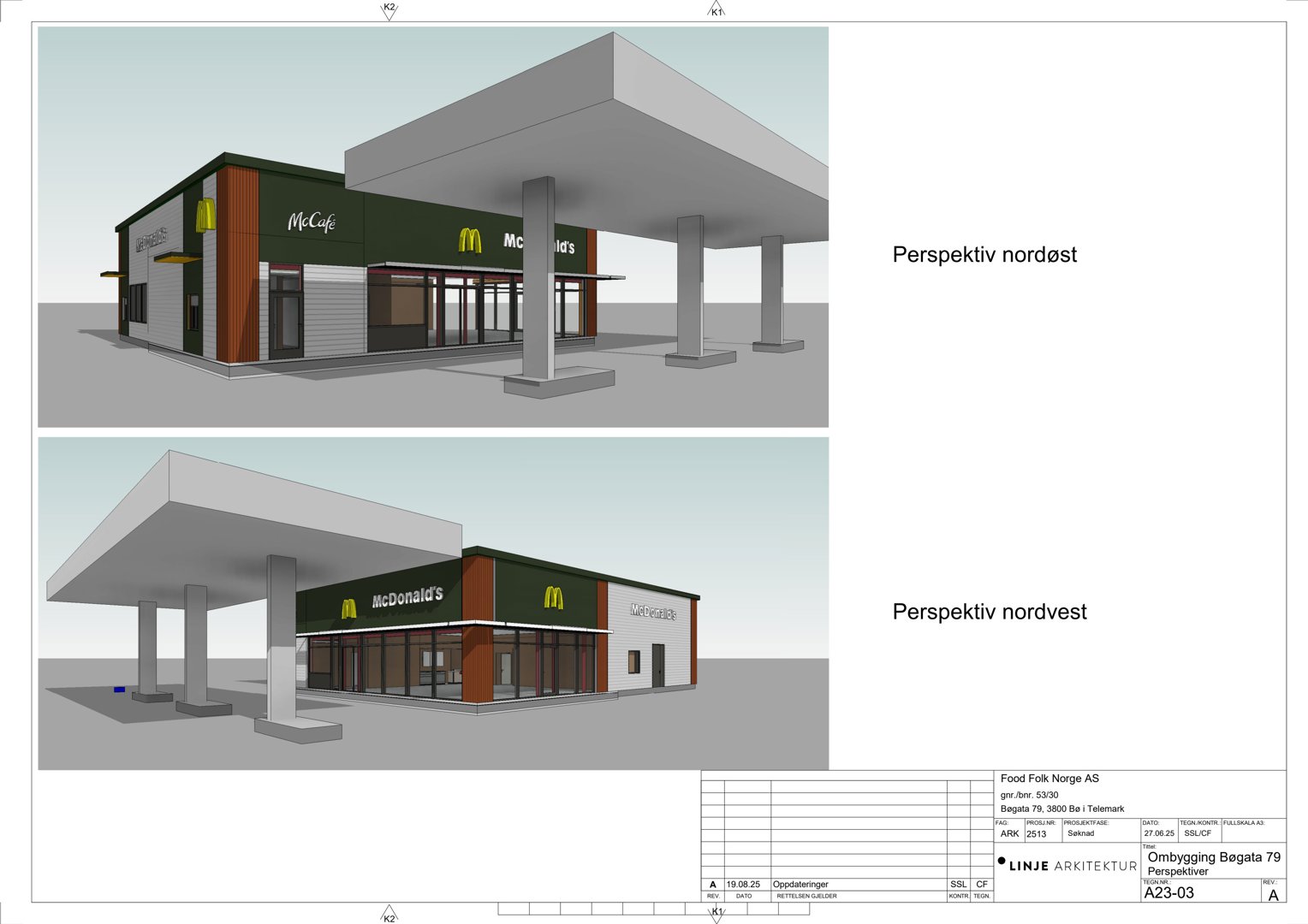 3D-perspektivtegninger (rendering) av en planlagt McDonald's-restaurant med tilhørende bensinstasjon.