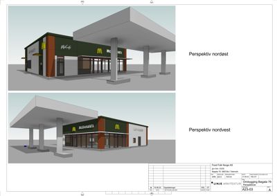 3D-perspektivtegninger (rendering) av en planlagt McDonald's-restaurant med tilhørende bensinstasjon.