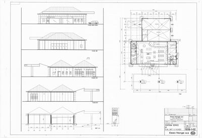Tegning som viser fasadeoppsett for en bensinstasjon (Esso Norge a.s).
