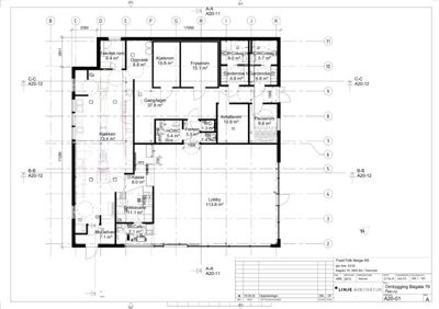 Etasjeplan for en ombygging av et bygg (Food Folk Norge AS), som viser romfordeling, arealer og tekniske detaljer.