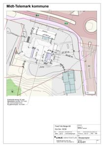 Situasjonsplan som viser bygningens plassering på tomten, omgivende veier (Begata, Stasjonsvegen), høydemålinger og topografi.