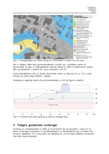 Et kvartærgeologisk kart som viser grunnforholdene i et planområde, inkludert lagtykkelse og bergart. Under kartet er det også en snitttegning (tverrprofil) som viser lagdeling i forhold til planlagt tiltak.
