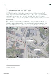 Et kart (flyfoto) som viser registrerte trafikkulykker i et område, med merknader om dato og type ulykke.