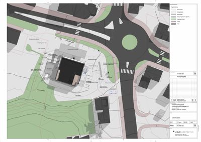 Situasjonsplan som viser bygningens plassering i forhold til vei, naboeiendommer og terrengforhold.