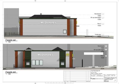 Fasadetegning som viser oppriss av McDonald's-restauranten sett fra sør og øst, med høydeangivelser og arkitektoniske detaljer.