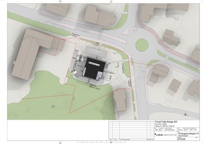 Situasjonsplan som viser bygningens plassering i forhold til tomme, veier og nabobebyggelse.