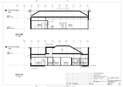 Snittegning (Snitt BB og Snitt CC) som viser bygningens indre oppbygning, høyder og romfordeling.