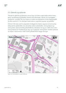 Kart som viser et trafikknutepunkt med gater, fortau, sykkelveier og gangfelt. Kartet er en del av en rapport om gående og syklende.