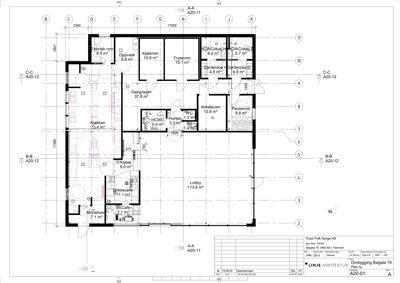 Etasjeplan for en ombygging av et bygg (Food Folk Norge AS), som viser romfordeling, arealer og tekniske detaljer.