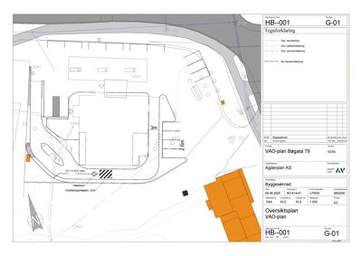 Oversiktsplan (VAO-plan) som viser bygningens plassering i forhold til tomme, veier og naboeiendommer.