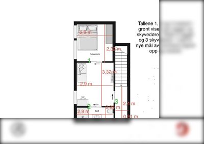 Etasjeplan som viser romfordeling (soverom, bad), nye vegger (grønt), skyvedører og mål på rommene (rødt).