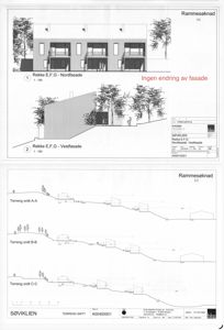 Tegning med tre terrengsnitt (A-A, B-B, C-C) som viser bygningens plassering i forhold til terrenget.