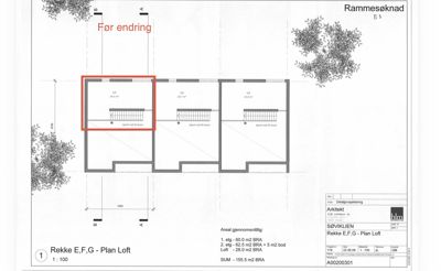 Etasjeplan for loftet i rekkehusene E, F og G. Tegningen viser romfordeling, arealer og en markert endring (rødt rektangel) i et av rommene.
