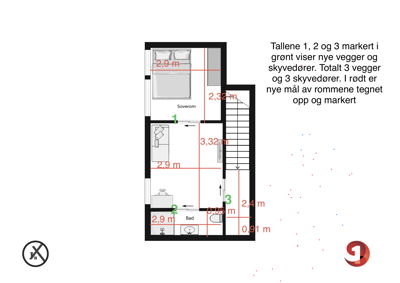 Etasjeplan som viser romfordeling (soverom, bad), nye vegger (grønt), skyvedører og mål på rommene (rødt).