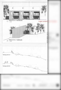 Tegning med tre terrengsnitt (A-A, B-B, C-C) som viser bygningens plassering i forhold til terrenget.