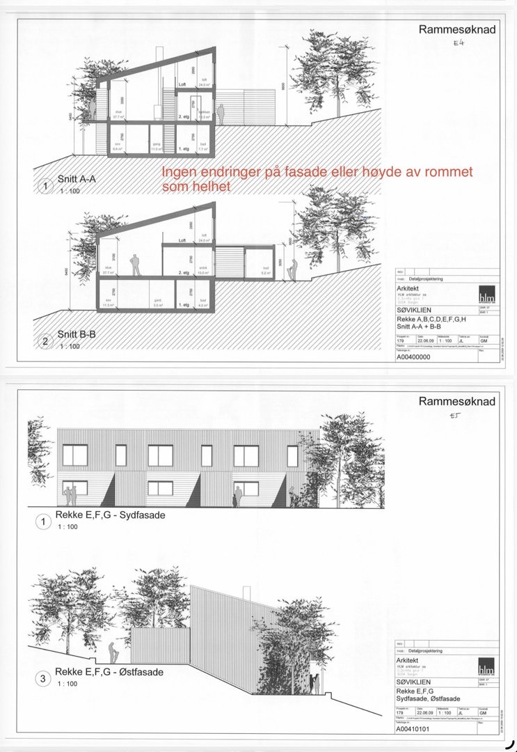 Bildet viser tegninger av en bygning sett fra utsiden, inkludert snitt (A-A, B-B) og fasadeutsnitt (Sydfasade, Østfasade).