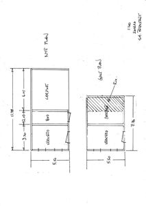 Håndtegnet etasjeplan (NØT Plan) og et snitt (Gjær Plan) som viser romfordeling og mål for en bygning.