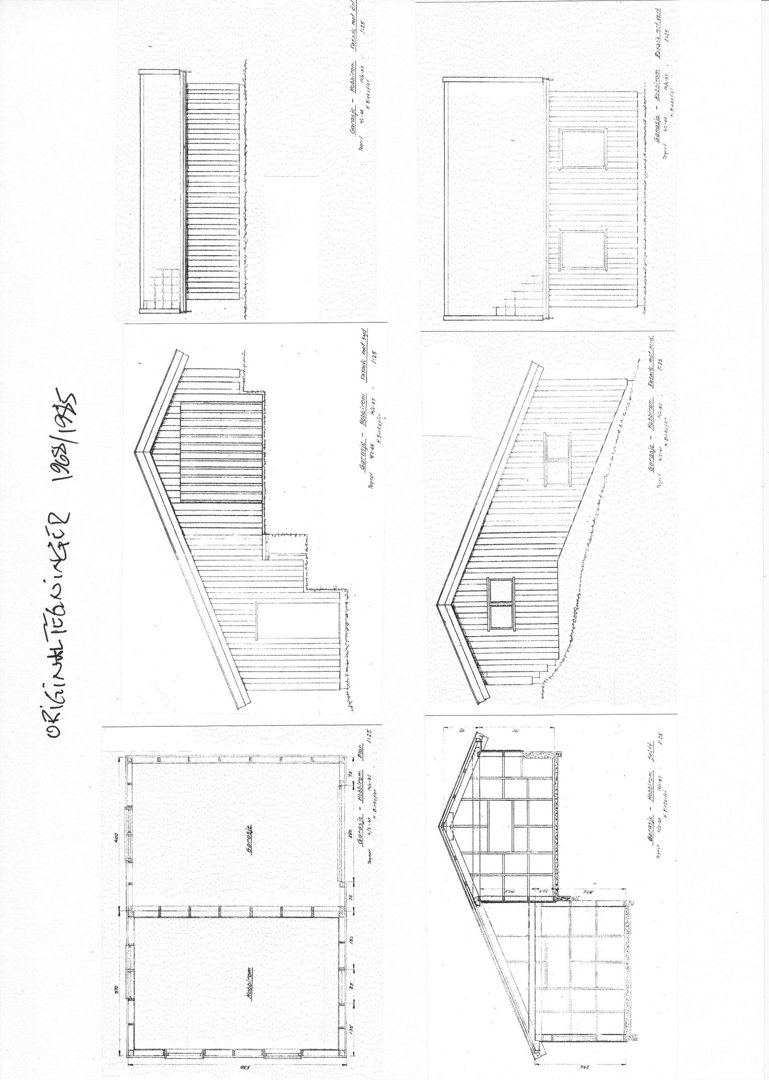 Fasadetegning som viser utsiden av en bygning sett fra flere vinkler, inkludert front, side og tak.