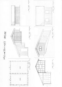 Fasadetegning som viser utsiden av en bygning sett fra flere vinkler, inkludert front, side og tak.