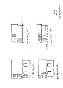 Håndtegning som viser fire fasadeoppsett for en bygning, med merking av 'NY FASADE' og 'GML. FASADE' for ulike retninger.