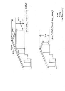 Håndtegnet fasadegjennomgang med mål og notater om endringer på tak og fasade.