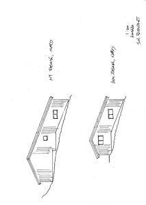 Håndtegning av to fasader av en bygning sett fra nord.