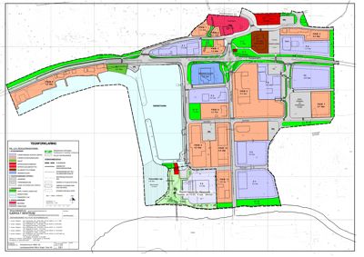 Situasjonsplan for et byområde med fargekodet arealbruk, vei- og vannnett, samt teknisk forklaring.